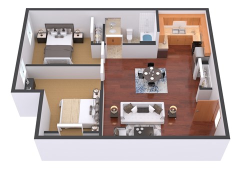 Floor plan for 2 beds, 1 bath, 864 sqft